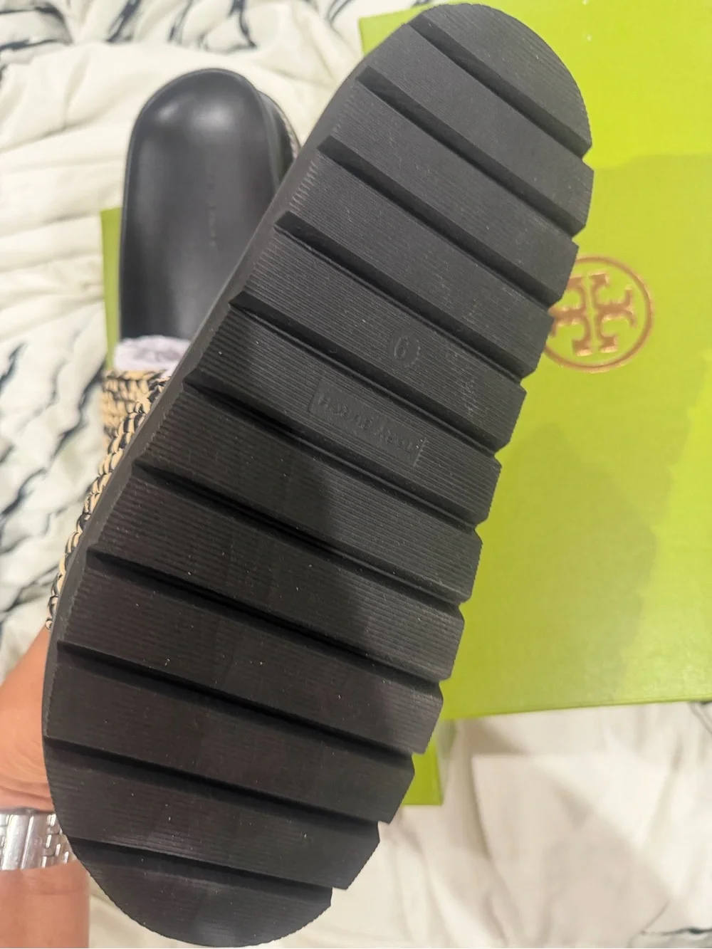 Tory Burch Black & Natural Woven Logo Slide Sandals
